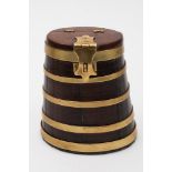 A 19th century mahogany and brass tobacco box in the form of a coopered barrel:,