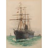 William Lionel Wyllie[1851-1931]-
SS Austral in a  bay:-
signed and inscribed
watercolour
32 x 23.