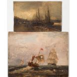 Circle of A E Markes, 19th Century English School-
Shipping in a bay:-
oil on board
23 x 30.