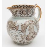 A 19th century pearlware Nelson commemorative jug:, with portraits of Lord Nelson and HMS Victory,