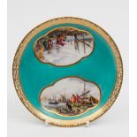 A Meissen turquoise-ground saucer: painted with panoramic harbour scenes within two gilt framed