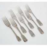 Seven various 19th century silver fiddle pattern dessert forks:, various makers and dates,