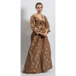 A Victorian brown silk and embroidered bodice and skirt:, with lace collar and cuffs,