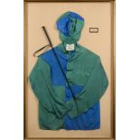 A set of green and blue racing silks, cap and whip for E B Glen:,