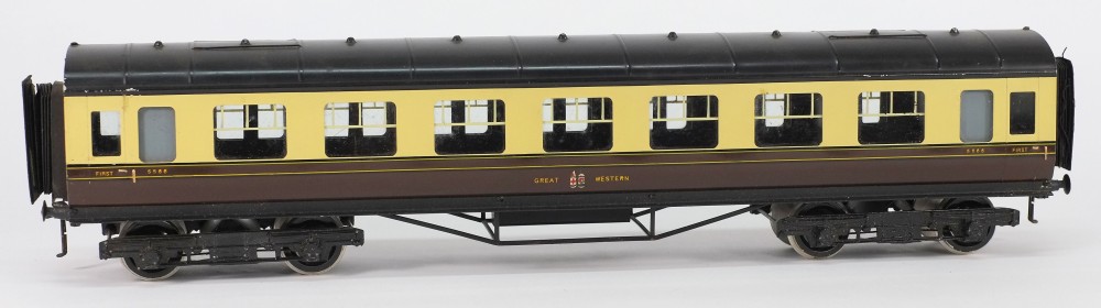 Exley, a 1st class passenger corridor coach:, in GWR cream and brown livery.