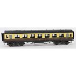 Exley, a 1st class passenger corridor coach:, in GWR cream and brown livery.