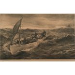 After Charles Napier Hemy (1841-1917):
a large monochome print of a boat on a swell,