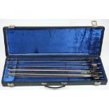 A group of five assorted violin bows:, all unsigned, various weights,