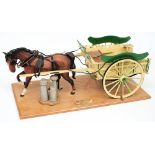 A Beswick model of a horse with a scale model 'Farm Dairy Float':, mounted on a wooden plinth,