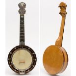 A satinwood and amboyna inlaid banjo ukulele by Alfred D Cammeyer, London:,