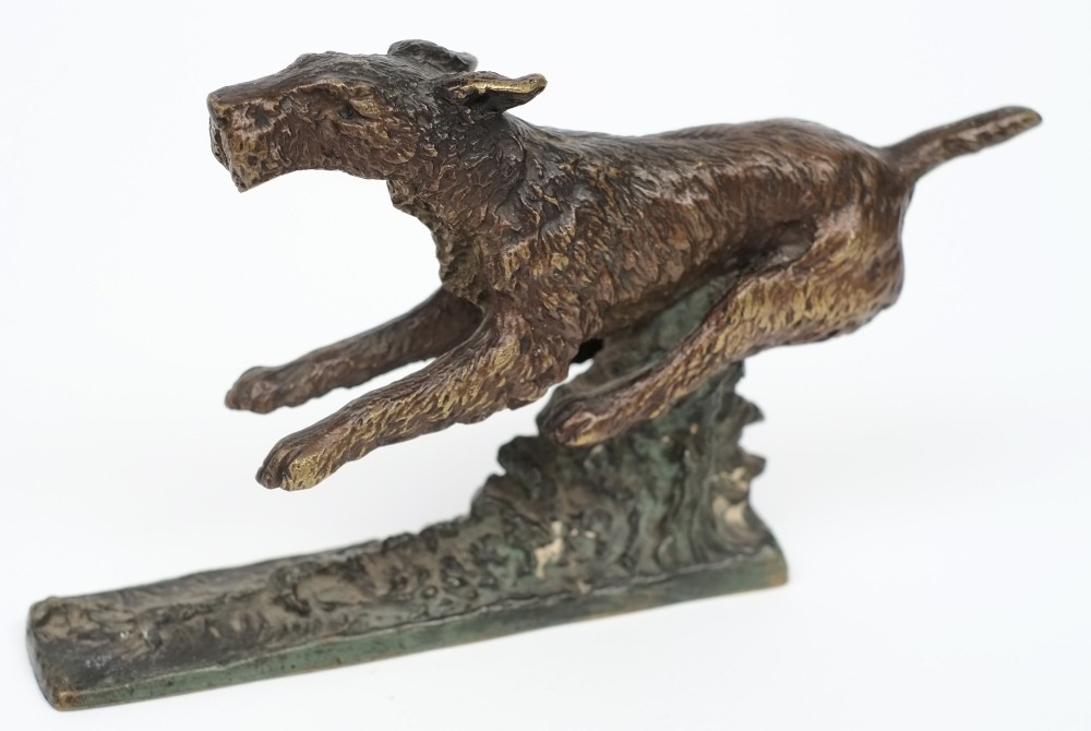 An early 20th century cold painted bronze of a leaping Terrier signed K Salat:,