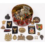 A collection of various military and civilian cap badges , shoulder and lapel badges: etc.