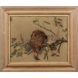 A needle work panel, depicting a cock pheasant: worked in coloured silks of browns, greens,