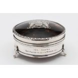 A George V silver, tortoiseshell and piquet inlaid circular ring casket, maker's mark worn,