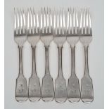 A set of six Victorian silver fiddle pattern table forks, maker Samuel Hayne & Dudley Carter,