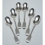 A set of six Edward VII silver fiddle pattern dessert spoons, maker Carrington & Co, London,