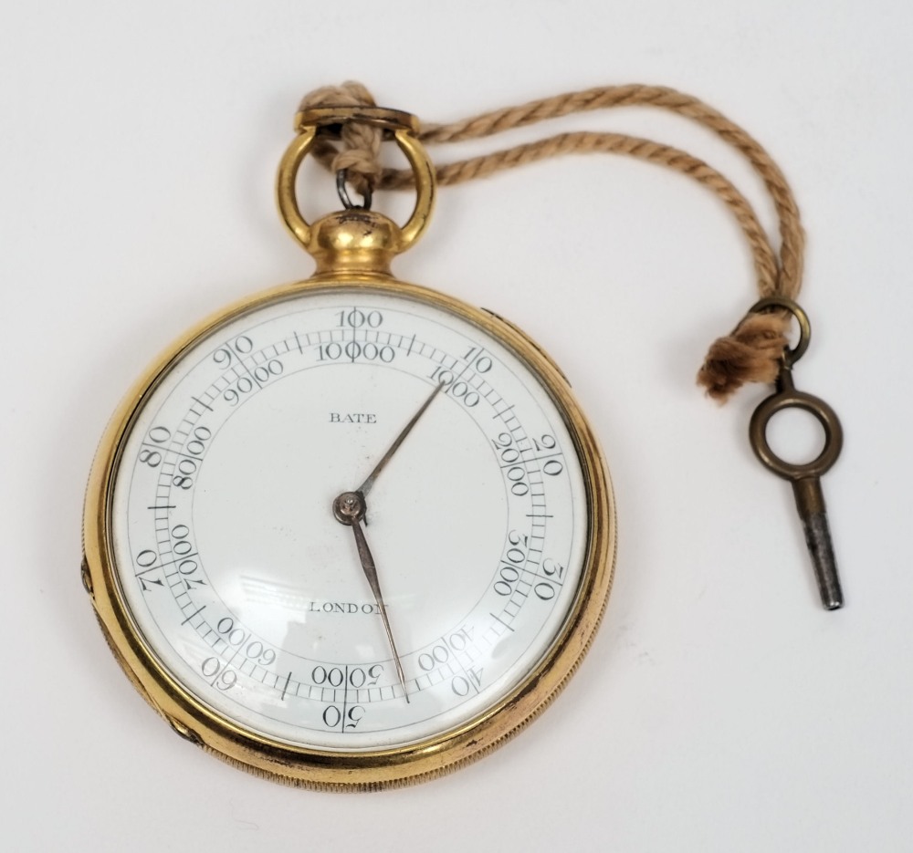 Bate, London, a 19th century gilt cased, open faced pedometer:, with enamelled dial, signed Bate,