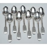 Nine matched silver fiddle pattern dessert spoons, various makers and dates: six initialled, 14.