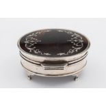 A George V silver, tortoiseshell and piquet inlaid oval ring casket, maker Adie Brothers,
