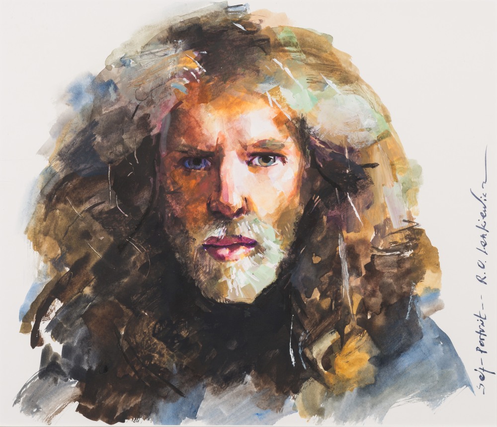 * Robert O Lenkiewicz [1941-2002]-
Self-Portrait:-
signed and inscribed
watercolour heightened with