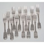 Twelve matched  silver fiddle pattern table forks, various makers and dates: six initialled, 29.