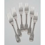 Six silver fiddle pattern dessert forks, various makers and dates: three initialled, 9.73ozs.