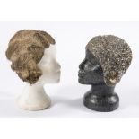 A 1920s period gold braid wig together with a sequin cap and two polystyrene hat mannequins:.