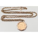 A Victorian half sovereign dated '1871', mounted as a pendant on 9ct gold, oval-link chain:.