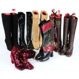 A pair of patent leather high boots (37) and various other ladies fashion boots:.