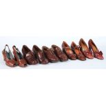 Three pairs of 'crocodile skin' lady's shoes and two pairs of brown leather shoes:.