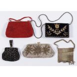 A red beadwork purse, a sequin purse, and three other purses:.