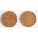 A Victorian 1/2 sovereign dated '1896' and an Edward VII 1/2 sovereign dated '1906':.