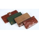 A green 'leather' clutch bag and three others:.