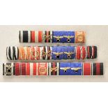 Set of 3 ribbonbars of long serving officers. Nine to six decorations, with good devices. Condition: