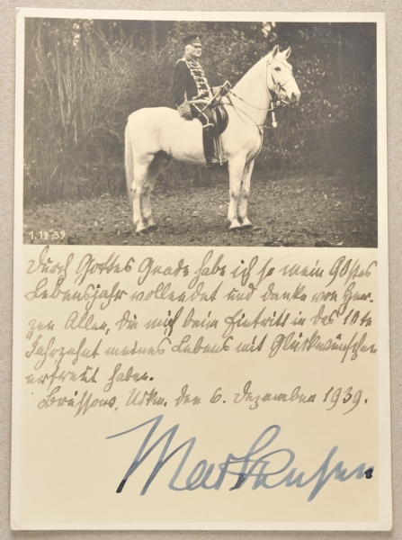 Mackensen, August von. Photo postcard with dedication, dated 6.12.1939. Condition: II Mackensen,