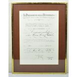 Italy: Merit Order of the Republik of Italy commander document for Mr. Hans Heinz Natz. Form,