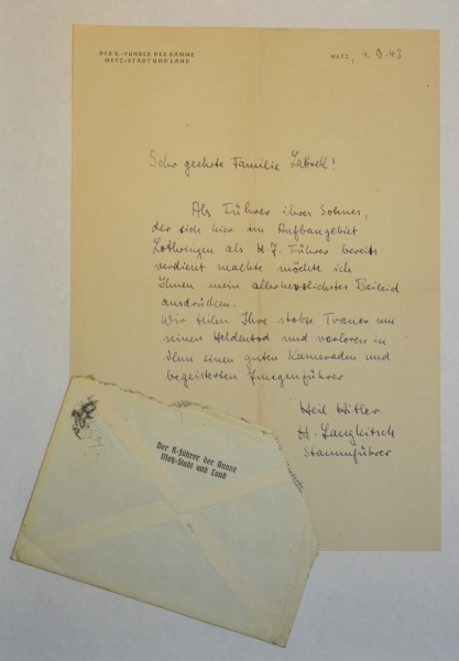 Langkitsch, H. K.-Führer of the Metz-Stadt and Land. Letter of Condolenze, on business paper, issued - Image 2 of 2