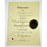 Wounded badge, 1939, black with document for Leutnant Rolf Majores of 7./ Nachtjagdgeschwader 4.