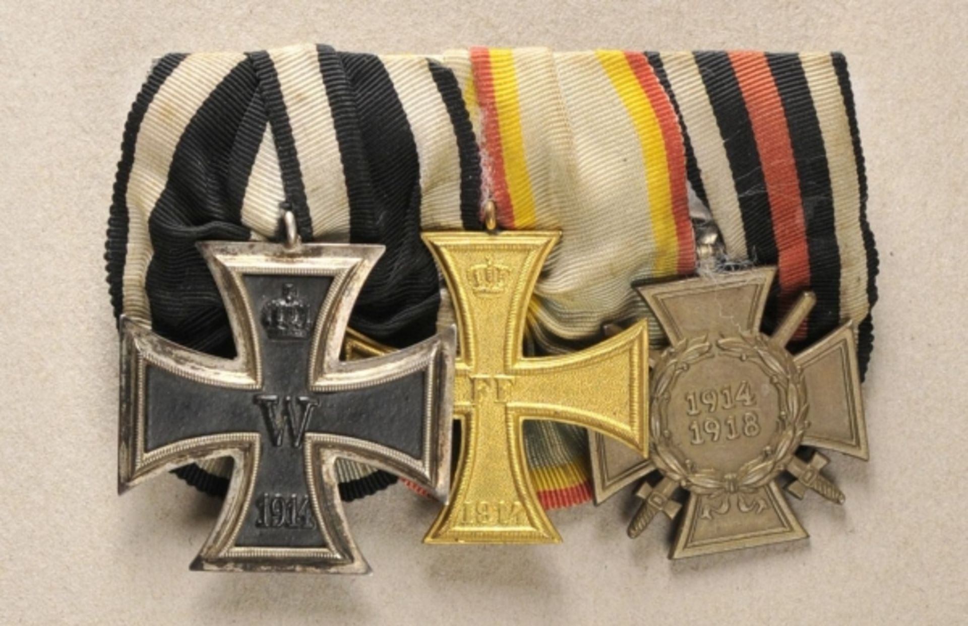 Mecklenburg: Curly sewed medalbar with 3 decorations. 1.) Prussia: Iron Cross, 1914, 2nd class;