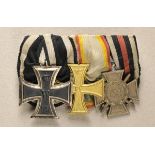 Mecklenburg: Curly sewed medalbar with 3 decorations. 1.) Prussia: Iron Cross, 1914, 2nd class;