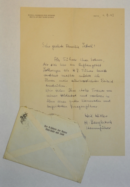 Langkitsch, H. K.-Führer of the Metz-Stadt and Land. Letter of Condolenze, on business paper, issued
