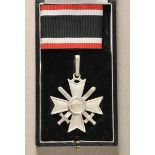 Knights Cross of the War Merit Cross with Swords, in case. Silvered, with ribbon; in black