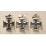 Set of 3 Iron Crosses, 1914, with repeat-clasp 1939, 57er edition, 1st class. Each blackened and