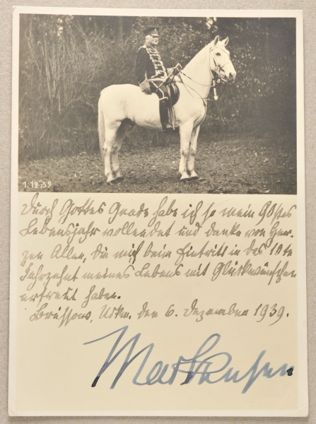 Mackensen, August von. Photo postcard with dedication, dated 6.12.1939. Condition: II Mackensen, - Image 2 of 2