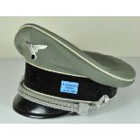 Collectors copy of an SS-Officers visor cap. Field grey fabric, black band, white piping, silver