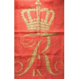Flag FR IX. Red fabric, golden cipher FR IX with crown, well worn, with two loops. 60 x 40 cm.