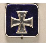 Prussia: Iron Cross, 1914, 1st class, in case. Blackened iron core, silver rib, hallmarked KO, on