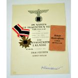 War Merit Cross, 2. class with swords, and document for Oberleutnant d.R. Gustav v. Ammon b.d.