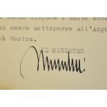 Mussolini, Benito. (1883-1945) Duce del Fascismo. Letter, on form paper, dated Roma, 193, OU.