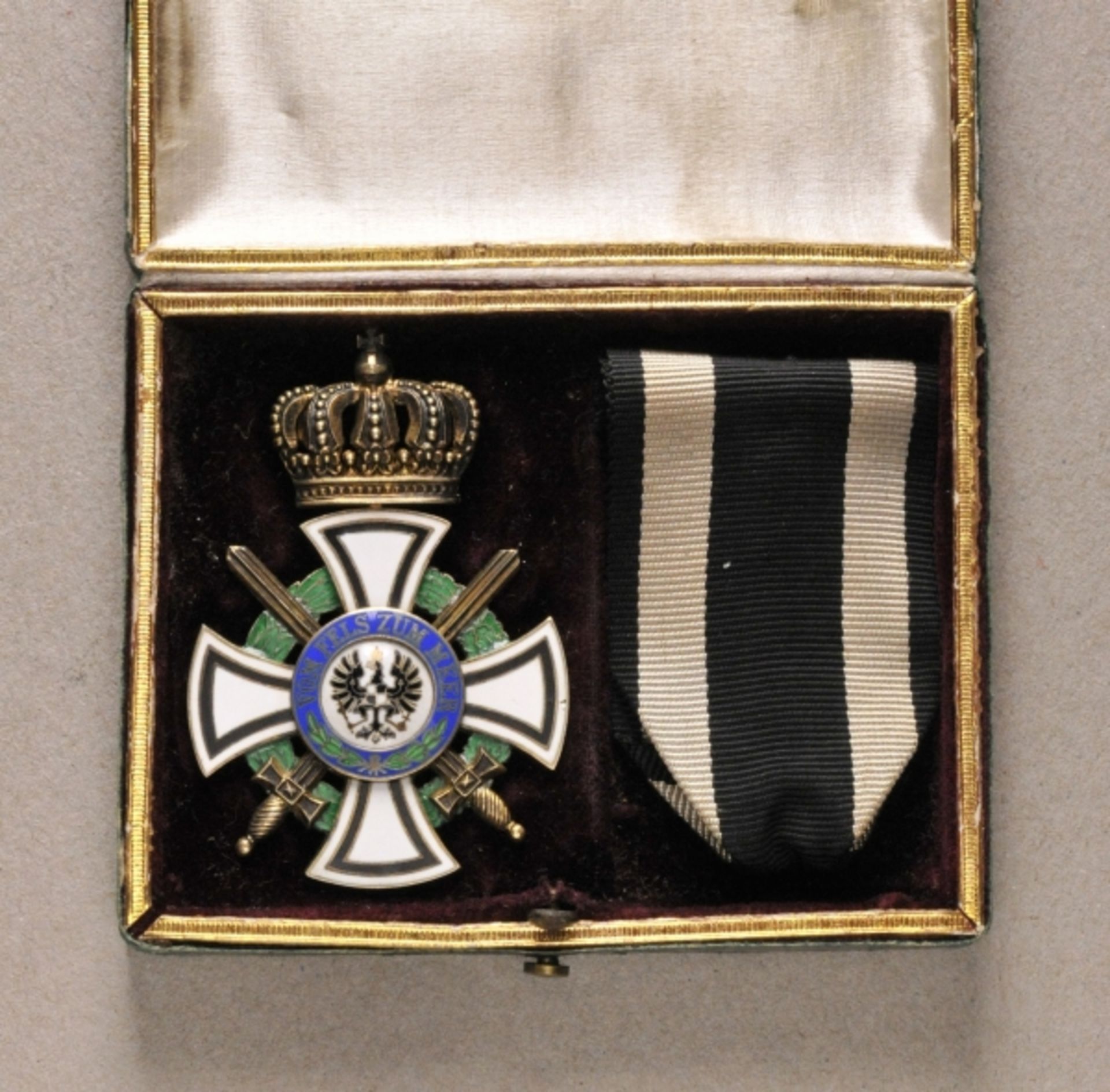 Prussia: royal house order of Hohenzollern, knights cross with swords, in case. Silver gilded,